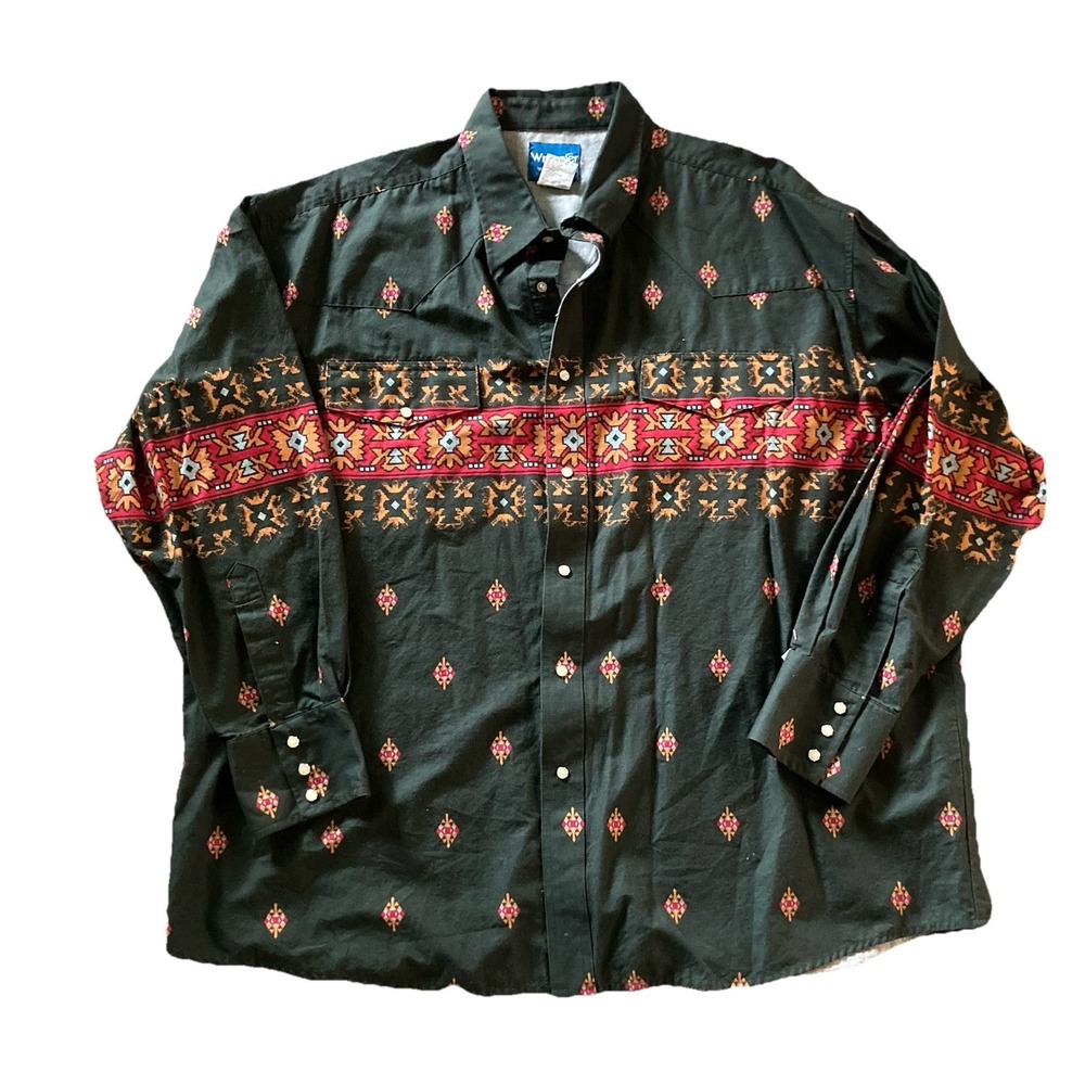 Vintage Wrangler Aztec Shirt Mens 2XL Pearl Snap Green Red